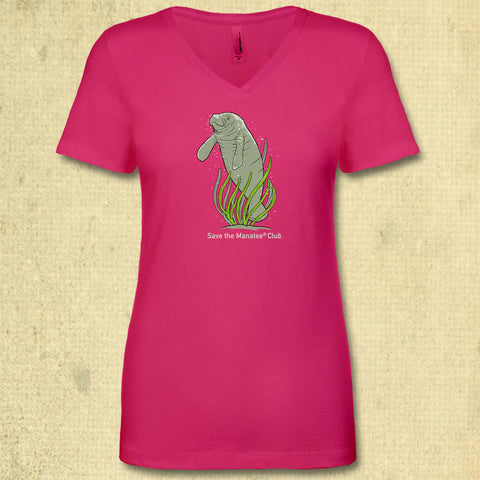Save the Manatee - Ladies Fitted V-Neck - Raspberry