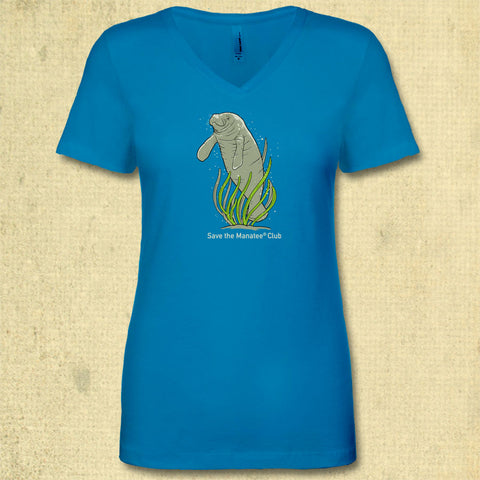 Save the Manatee - Ladies Fitted V-Neck - Turquoise