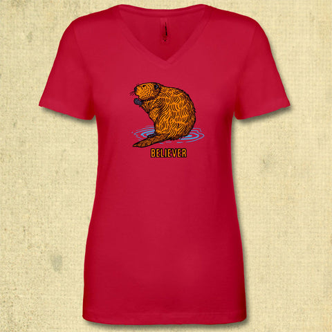 Beaver Believer - Ladies Fitted V-Neck - Red