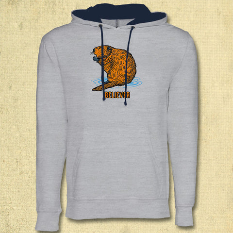 Beaver Believer - Midweight French Terry Pullover Hoody - Heather Gray w/ Midnight Navy